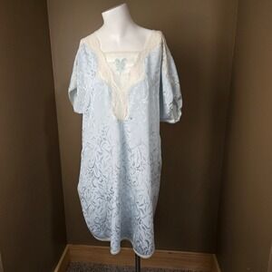 VTG Lily Of France Nightgown M Long Seafoam Blue Satin Lace Romantic Sleepwear